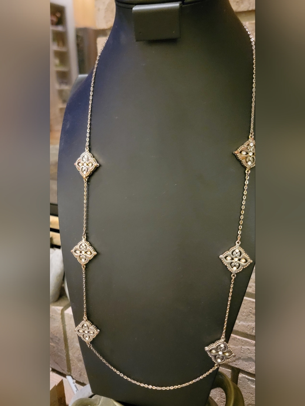 Silver and Gold Tone Filigree Station Statement Necklace